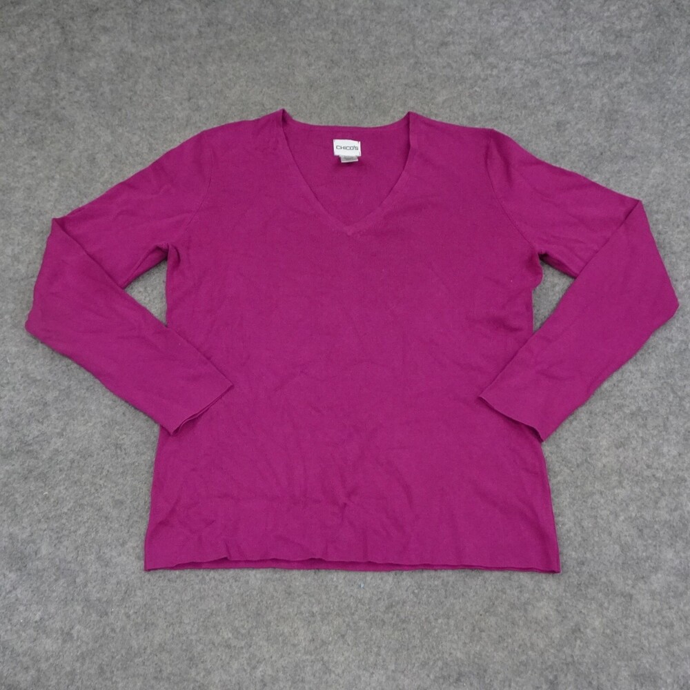 Chicos Top Womens 2 Regular Large L Purple Sweater Solid Long Sleeve V Neck Silk